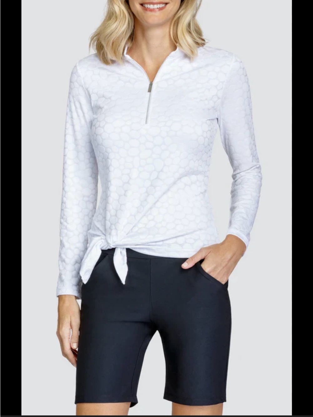 Tail White Zip-Front Tie Hem Long-Sleeve Top